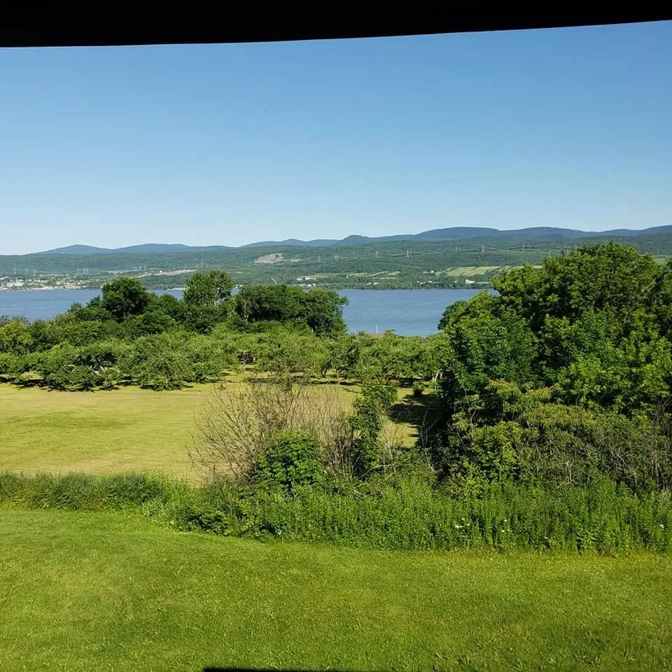 Jardin verdoyant avec vue sur le fleuve et les collines de la rive opposée
